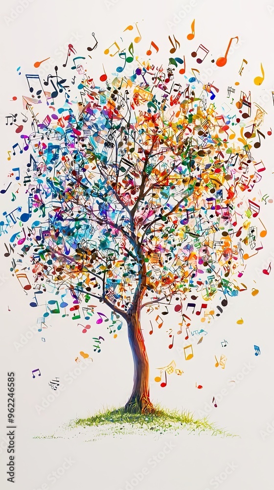 A dynamic and vibrant tree with an explosion of colorful musical notes adorning its branches, evoking a sense of joy, creativity, and the unifying power of music. A dynamic and vibrant tree with an explosion of colorful musical notes adorning its branches, evoking a sense of joy, creativity, and the unifying power of music.
