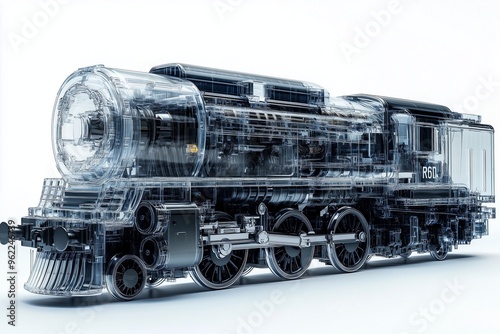modern semi transparent locomotive with its engine and transmission visible inside. The locomotive