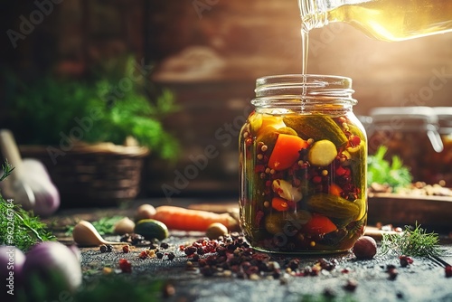 Vinegar being poured into a jar of pickling vegetables with copyspace, colorful ingredients scattered around. photo