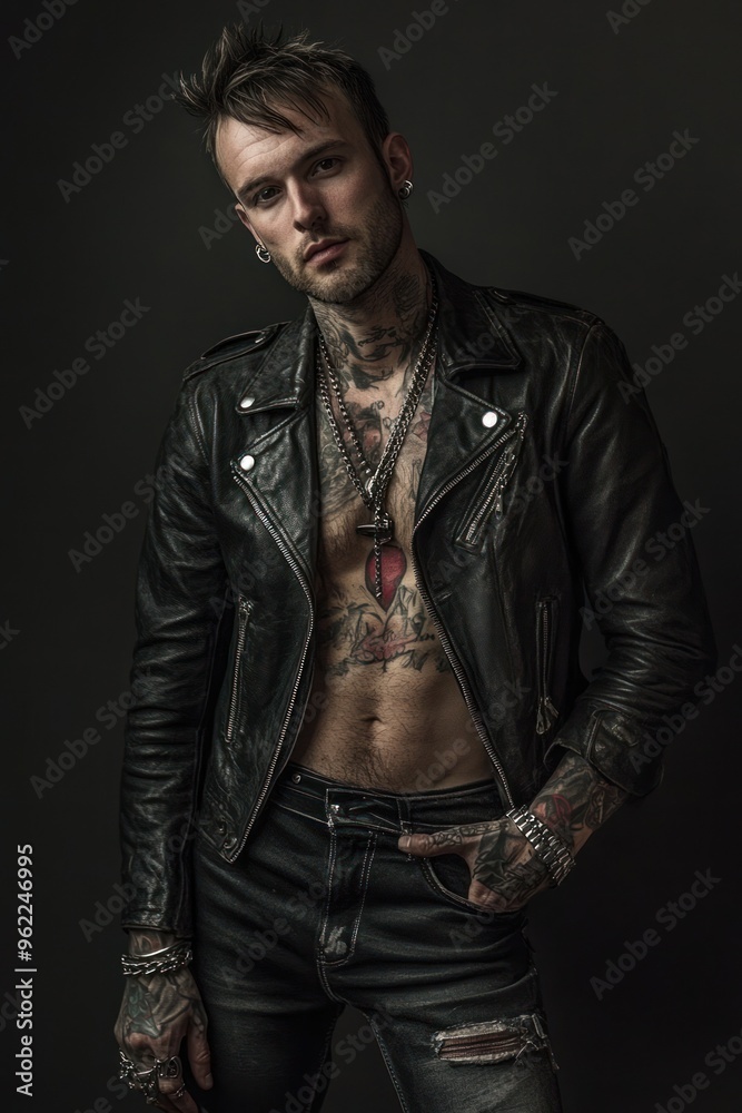 Tattooed Rebel in Leather - Shirtless tattooed man wearing a leather jacket, expressing raw confidence and punk attitude in a dark, moody portrait. Tattooed Rebel in Leather - Shirtless tattooed man wearing a leather jacket, expressing raw confidence and punk attitude in a dark, moody portrait.