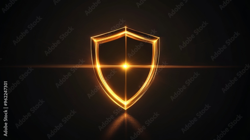 Fototapeta premium Golden shield symbol emitting light rays, representing strong digital security and data protection.