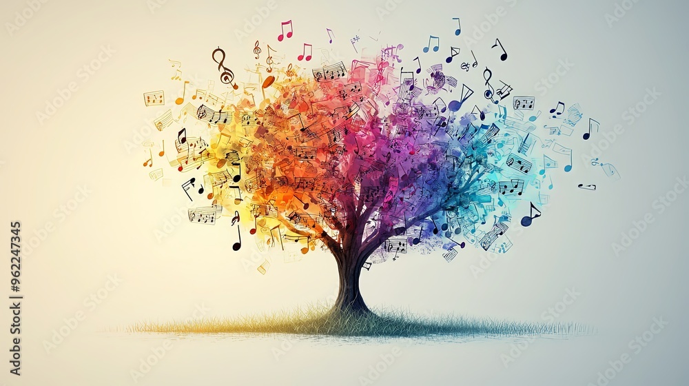 A harmonious tree radiating musical notes and rainbow colors, representing the unity and blend of natural beauty and musical creativity. A harmonious tree radiating musical notes and rainbow colors, representing the unity and blend of natural beauty and musical creativity.