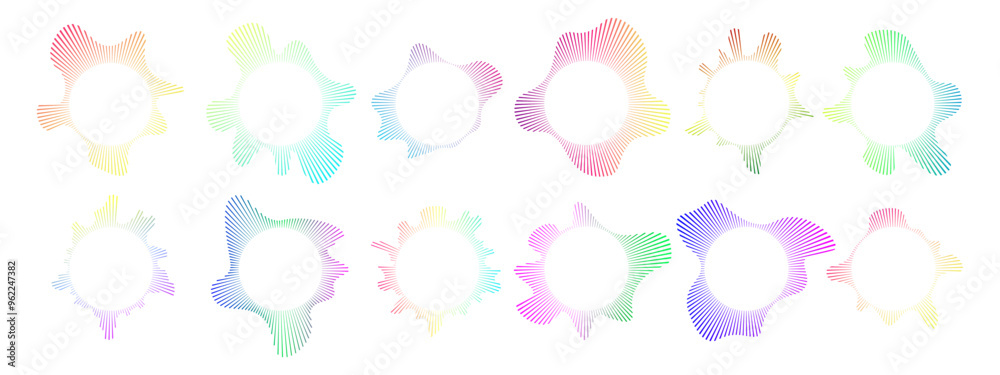 A set of circular sound waves. Sound lines, radial spectrum, sound equalizers. Circular multi-color neon geometric wavy frames. Radial spectrum. Vector illustration. A set of circular sound waves. Sound lines, radial spectrum, sound equalizers. Circular multi-color neon geometric wavy frames. Radial spectrum. Vector illustration.