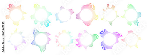 A set of circular sound waves.   Sound lines, radial spectrum, sound equalizers.  Circular multi-color neon geometric wavy frames. Radial spectrum.  Vector illustration.