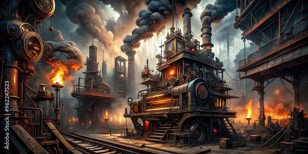 Industrial gritty distorted organ loops mechanical beats heavy pounding machinery dark gritty urban decay fire smoke machinery Industrial gritty distorted organ loops mechanical beats heavy pounding machinery dark gritty urban decay fire smoke machinery