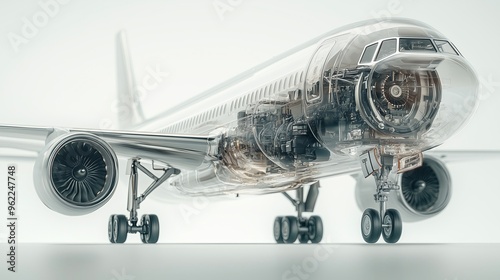 realistic of a modern airplane with semi transparent features, allowing a clear view of the engine photo