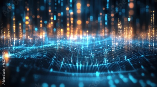 Vibrant digital landscape with glowing particles and interconnected lines, showcasing technology and innovation in a futuristic setting.