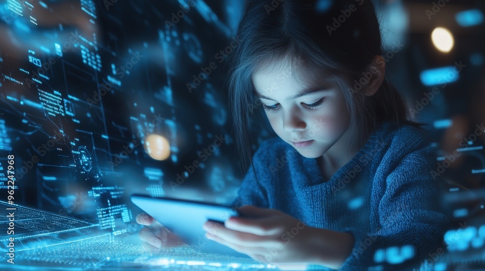A focused child interacts with a tablet, surrounded by digital data and technology-inspired graphics in a futuristic setting. A focused child interacts with a tablet, surrounded by digital data and technology-inspired graphics in a futuristic setting.