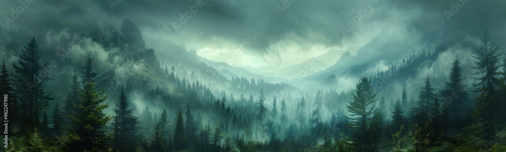 Obraz premium Picture of a mountain scene with a forest