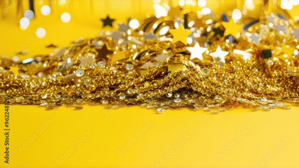Shimmer gold colored ribbons, stars and crystals confetti on a yellow background. Festive texture. Selective focus Shimmer gold colored ribbons, stars and crystals confetti on a yellow background. Festive texture. Selective focus