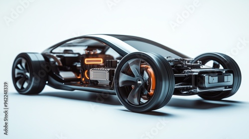 realistic of a modern electric car with semi transparent features, allowing a clear view of the