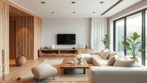 Modern Living Room with Wooden Ceiling and Large Windows, Japandi Style.
