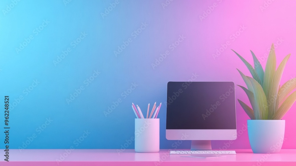 A desktop computer with a plant and pencils on the desk, AI A desktop computer with a plant and pencils on the desk, AI