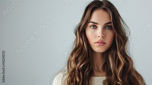 Beautiful woman with long wavy hair looking at camera