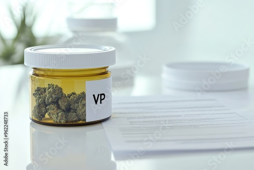 Medical cannabis buds in an open jar with copyspace, prescription label visible. photo