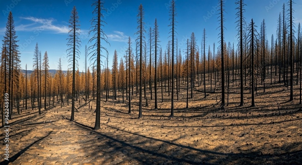 Obraz premium A scorched forest with burnt trees, representing the devastation of wildfires.