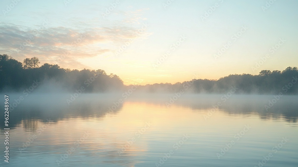 A pond surrounded by trees, with a misty sky reflected on its surface and a scattering of clouds above A pond surrounded by trees, with a misty sky reflected on its surface and a scattering of clouds above