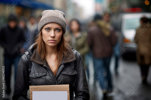 Serious young woman in a beanie holding a cardboard sign in a busy street with blurred background