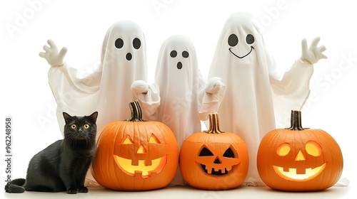 A lit pumpkin and a cute ghost standing with a family of four, all in ghost costumes, with jack-o-lanterns and a black cat at their feet, white background