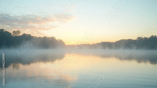   A pond surrounded by trees, with a misty sky reflected on its surface and a scattering of clouds above