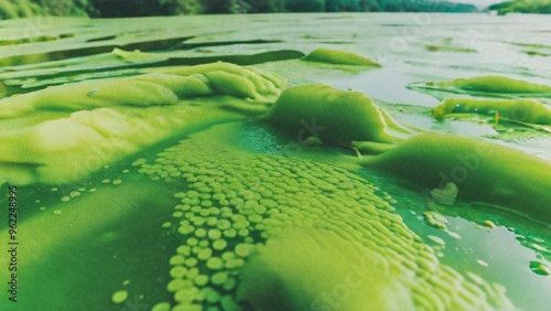 Toxic green algae covering a lake, representing water contamination and environmental degradation. photo