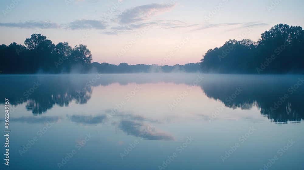 Fototapeta premium Water enveloped by tree line on hazy morning with scattered clouds above and below