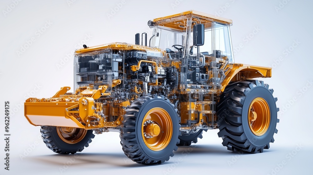 realistic of a modern grader with semi transparent features, allowing a clear view of the engine and realistic of a modern grader with semi transparent features, allowing a clear view of the engine and
