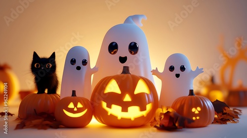 A 3D Halloween scene with a cute ghost, glowing pumpkin, and a family of four in ghost costumes, jack-o-lanterns, and a black cat, white background