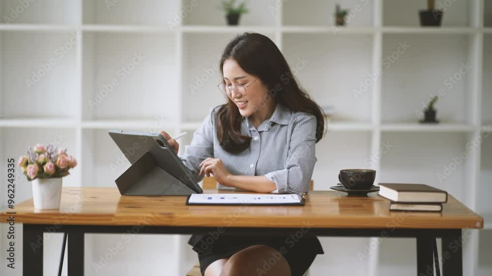 Focused and Inspired: A young professional woman in a blue shirt and glasses, joyfully working on her tablet, exudes confidence and productivity in a modern home office setting. Focused and Inspired: A young professional woman in a blue shirt and glasses, joyfully working on her tablet, exudes confidence and productivity in a modern home office setting.