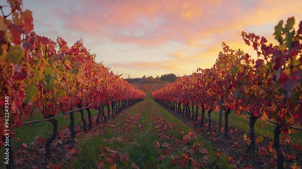 Naklejka premium Row of red-leafed trees in foreground, sunset with pink cloud in background