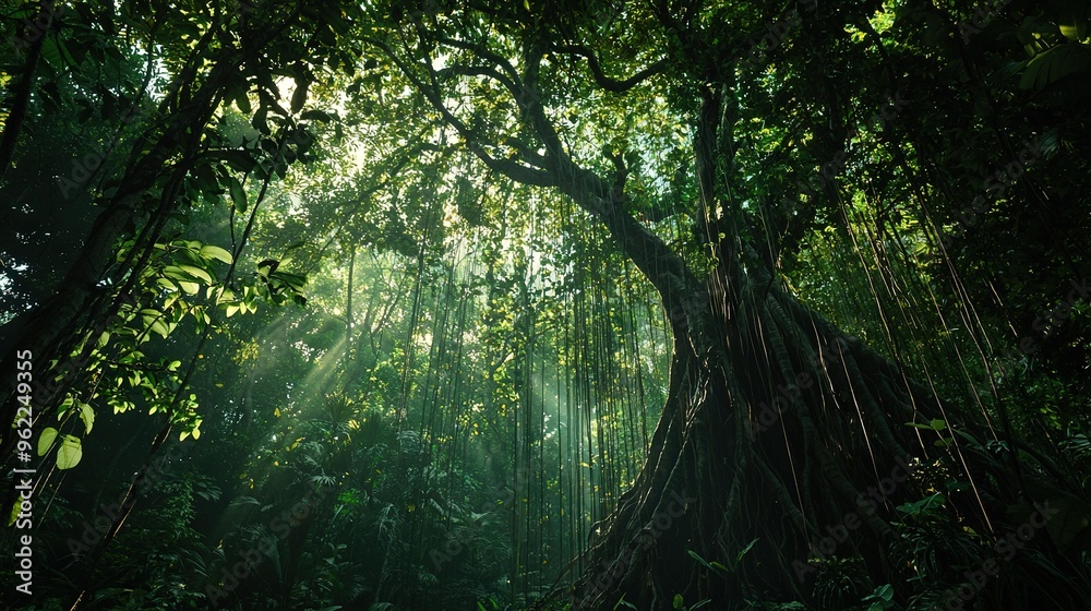 Fototapeta premium A majestic tree, surrounded by lush foliage, bathes in golden sunbeams filtering through its leaves