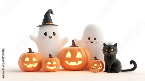 A Halloween 3D clipart featuring a glowing pumpkin beside a cute ghost, with a family of four in ghost costumes and jack-o-lanterns and a black cat at their feet, white background photo