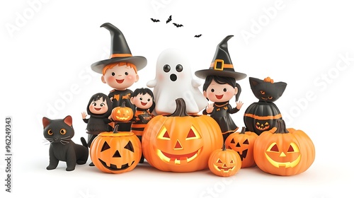 A Halloween 3D clipart featuring a lit pumpkin and a cute ghost with a family of four dressed in ghost costumes, black cat, and jack-o-lanterns, white background