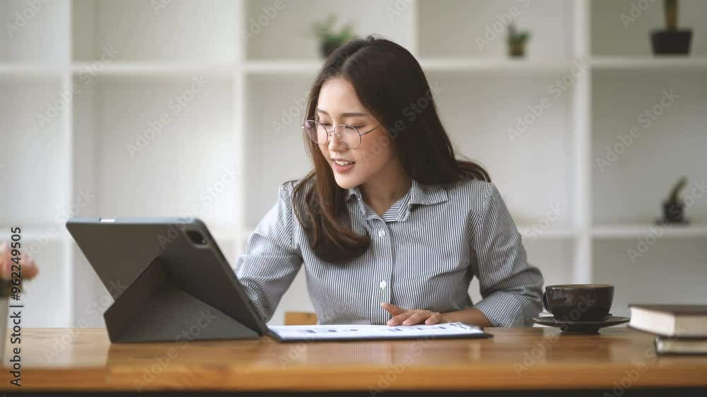 Focused and Engaged: A young professional woman in a blue shirt and glasses, engrossed in a tablet, demonstrates dedicated focus and productivity in a modern office setting. Focused and Engaged: A young professional woman in a blue shirt and glasses, engrossed in a tablet, demonstrates dedicated focus and productivity in a modern office setting.