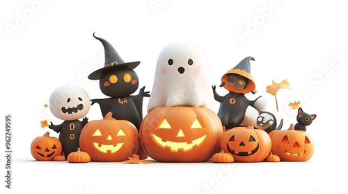 A fantasy-style 3D clipart with a glowing pumpkin and a cute ghost, alongside a family of four in ghost costumes with a black cat and jack-o-lanterns, white background