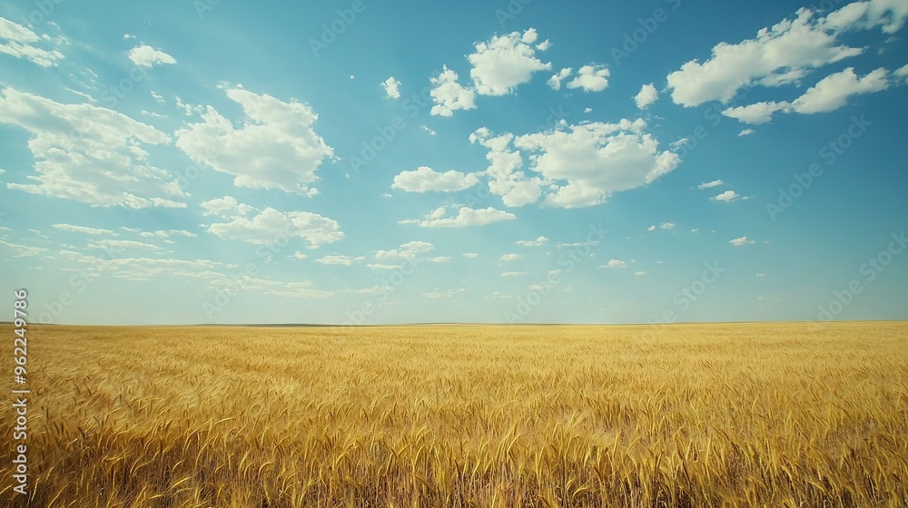 Wheat field under blue sky with scattered clouds, sun shining down on a solitary tree Wheat field under blue sky with scattered clouds, sun shining down on a solitary tree