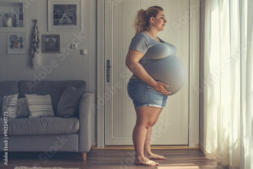 heavily pregnant woman wearing casual clothes stands by the window in her cozy home gazing outside with a thoughtful expression