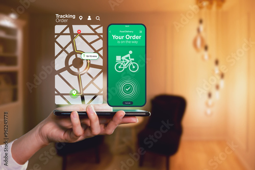 Take away ordering food online from home on moblie device app, food delivery on the way, with home interior background