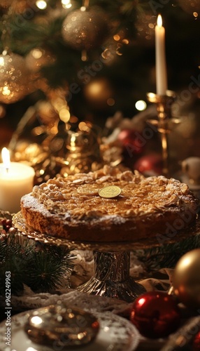 Greek New Year Vasilopita with Hidden Coin for Good Luck Amid Festive Decorations photo