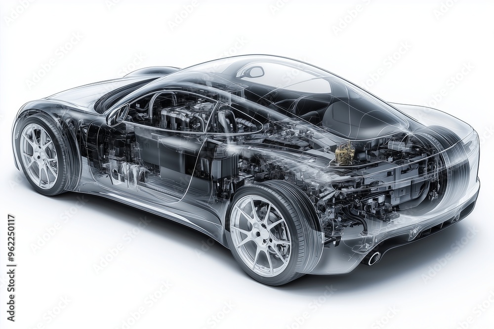 sleek, semi transparent modern diesel car with its engine and transmission visible inside. The car sleek, semi transparent modern diesel car with its engine and transmission visible inside. The car