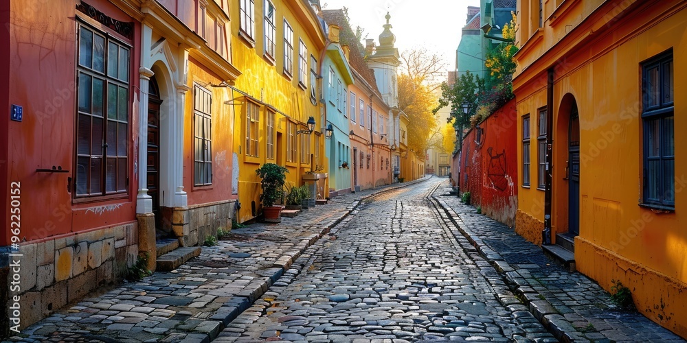 Obraz premium Charming cobblestone street in an old European town with colorful buildings at sunset, capturing a serene and picturesque atmosphere.