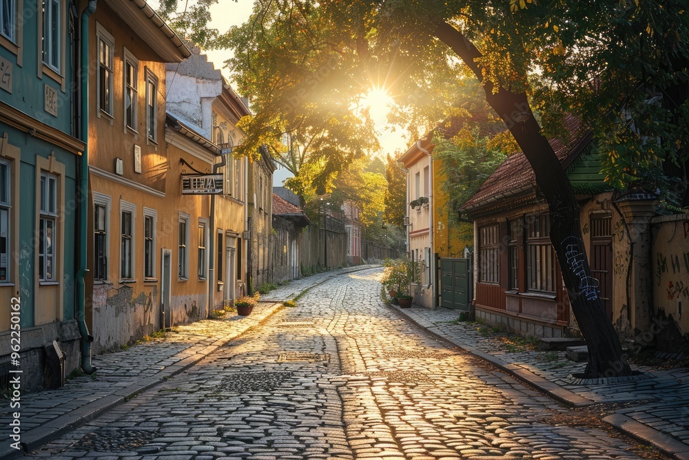 Fototapeta premium Charming cobblestone street with historic houses, bathed in the golden light of sunset, creating a tranquil and nostalgic atmosphere.