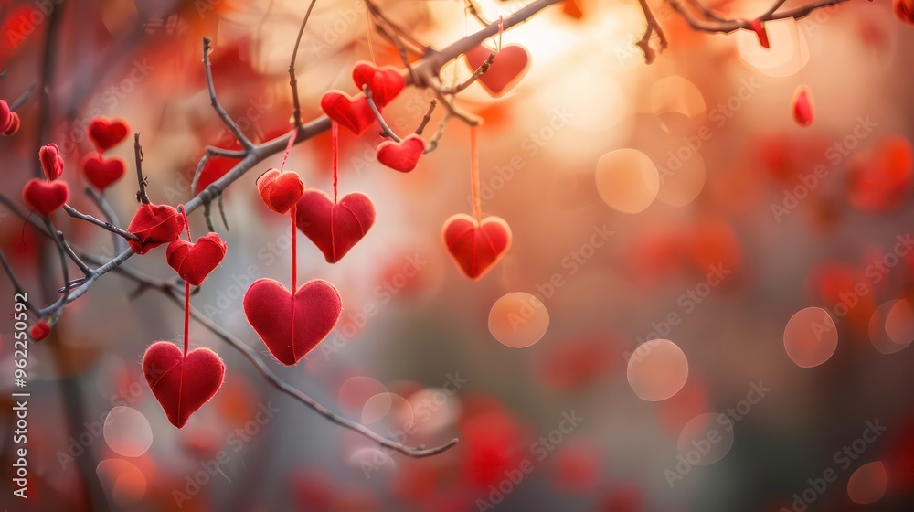 Red heart-shaped ornaments hanging from a branch with a blurred background. Red heart-shaped ornaments hanging from a branch with a blurred background.