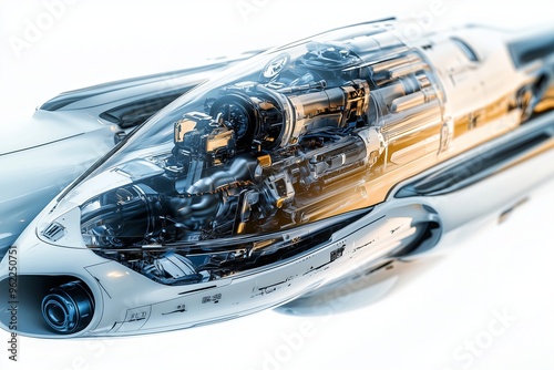 sleek, semi transparent modern ship with its engine and transmission visible inside. The ship is set photo