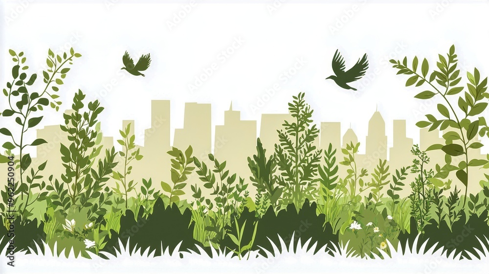 A serene landscape featuring vibrant greenery and silhouettes of a city skyline, ideal for nature and urban themes. A serene landscape featuring vibrant greenery and silhouettes of a city skyline, ideal for nature and urban themes.