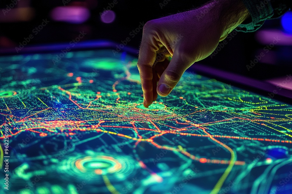Naklejka premium Aviation flight path being traced on a digital map with copyspace, fingers tapping on the touchscreen.