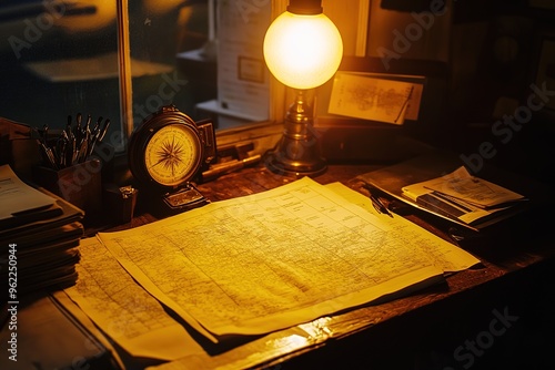 Aviation chart spread out on a desk with copyspace, compass and navigation tools placed on top. photo