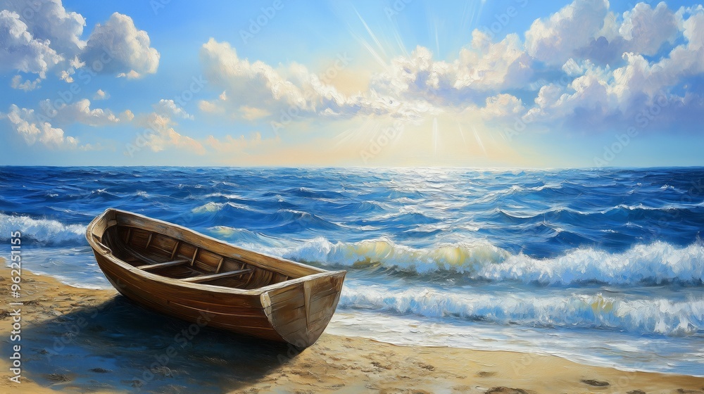 Oil painting of an old wooden boat on the shore, waves in the blue sea with white foam, sky with clouds, a dreamy atmosphere, sun rays, detailed, wide-angle view, hyperrealistic. Oil painting of an old wooden boat on the shore, waves in the blue sea with white foam, sky with clouds, a dreamy atmosphere, sun rays, detailed, wide-angle view, hyperrealistic.