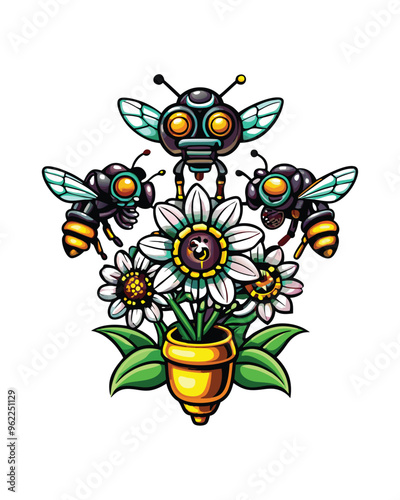 Three robot bees pollinating mechanical flowers in a pot.