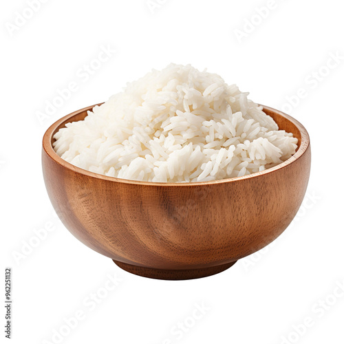 White rice in a wooden bowl isolated on transparent and white background photo